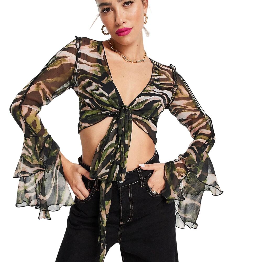 Asos Design Fairy Sheer Tie Front Ruffle Sleeve Crop Top Size 8